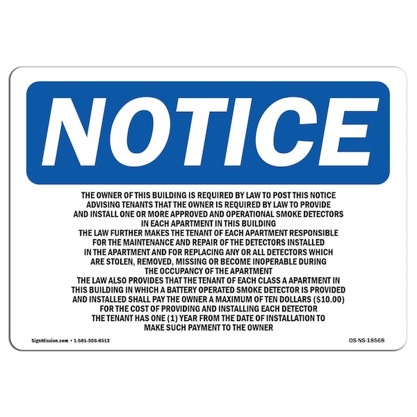 Signmission OSHA Sign, Owner Of This Building Is Required By, 10in X 7in Rigid Plastic, 10" W, 7" H, Landscape OS-NS-P-710-L-18568 - main